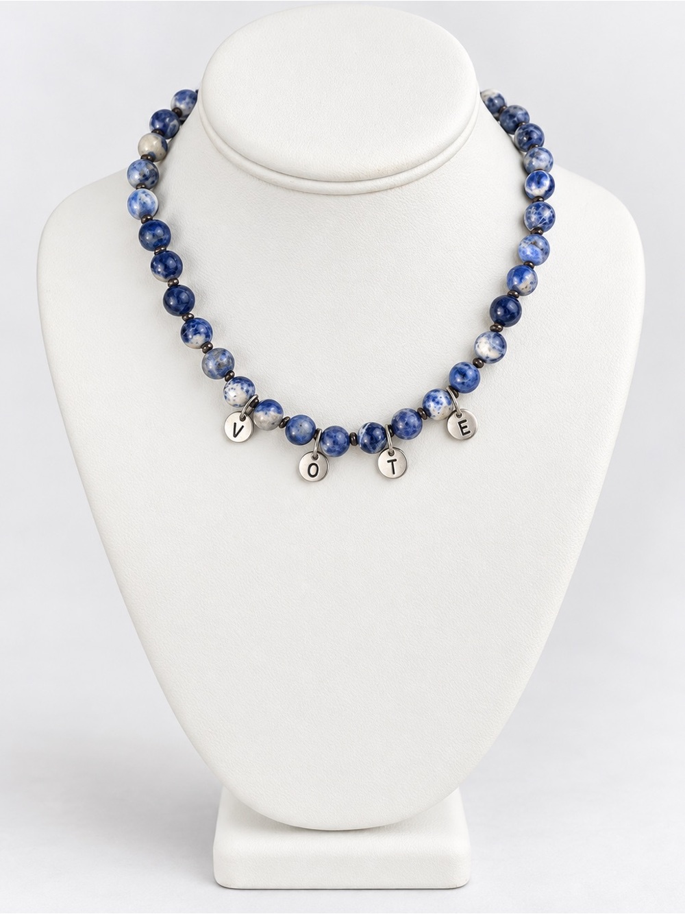 Genuine Sodalite VOTE Charm Necklace Blue Stone Statement 15.5”